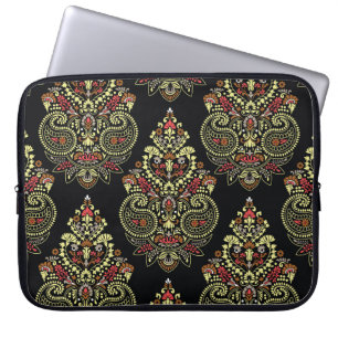 Indian paisley, geometric black background laptop sleeve