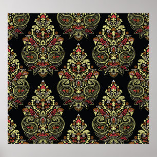 Indian paisley, geometric black background poster