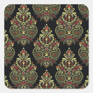 Indian paisley, geometric black background square sticker