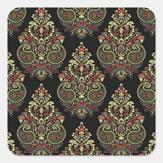 Indian paisley, geometric black background square sticker (Front)