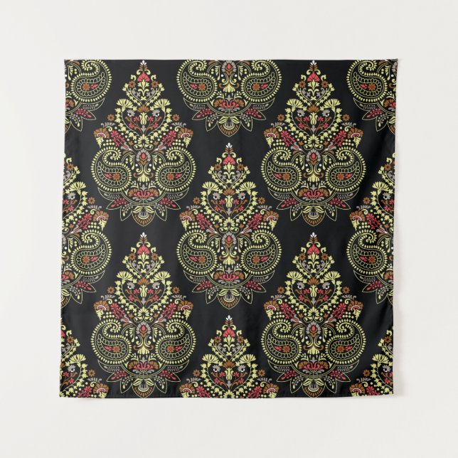 Indian paisley, geometric black background tapestry (Front)