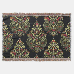 Indian paisley, geometric black background throw blanket