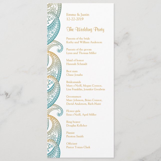 Indian Paisley Teal and Gold Wedding Program (Front)