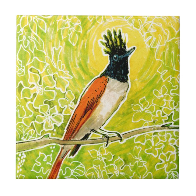 Indian Paradise Flycatche Tropical Bird Chartreuse Ceramic Tile (Front)