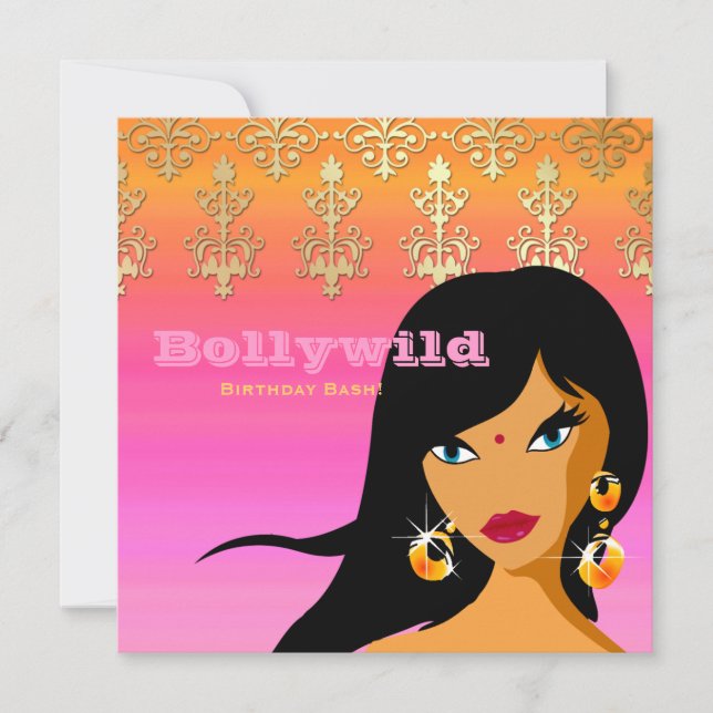 Indian Party Invitation Gold Pink Orange Bindi (Front)