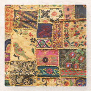 Indian Patchwork: Hampi Market Cloth. Glass Coaster