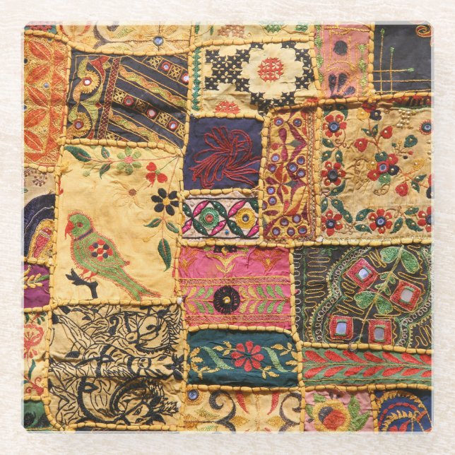 Indian Patchwork: Hampi Market Cloth. Glass Coaster (Front)