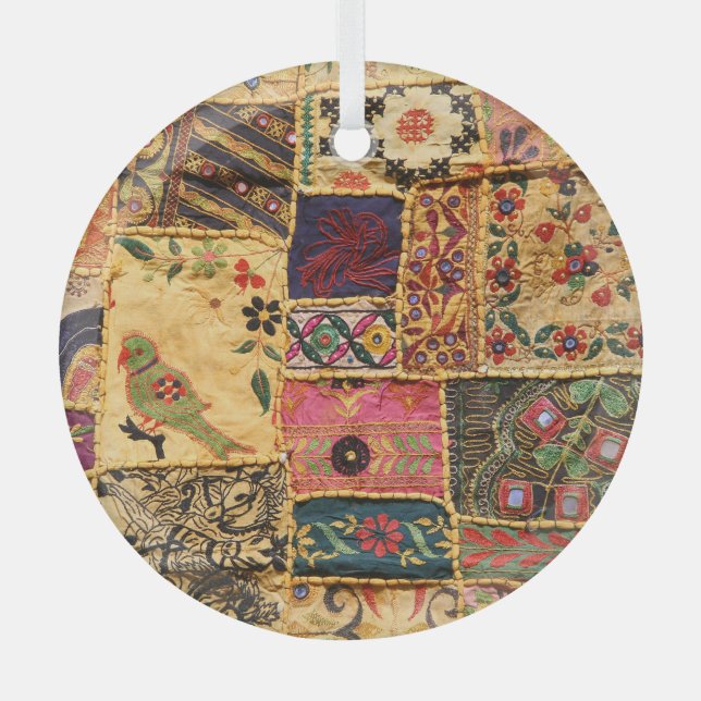 Indian Patchwork: Hampi Market Cloth. Glass Tree Decoration (Front)