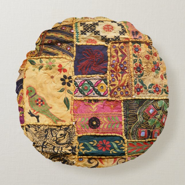 Indian Patchwork: Hampi Market Cloth. Round Cushion (Front)