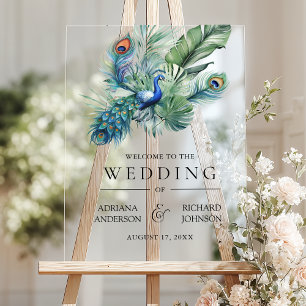 Indian Peacock Feathers Wedding Welcome Acrylic Sign