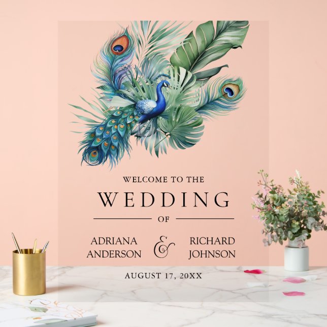 Indian Peacock Feathers Wedding Welcome Acrylic Sign (Wedding)