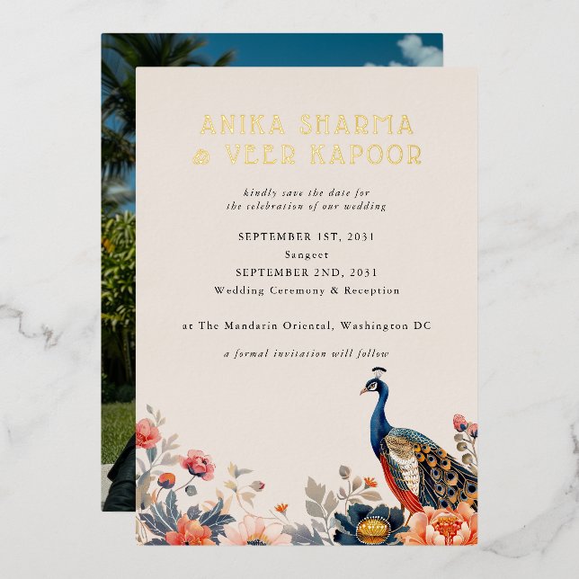 Indian Peacock Flowers Photo Wedding Save the Date (Front/Back)