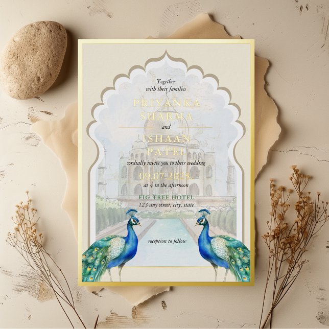 Indian Peacock Gold Taj Mahal Aesthetic Wedding (Indian Real Gold Foil Peacock Arch Punjabi Hindu Wedding Taj Mahal Unique Colorful Blue Teal Green)