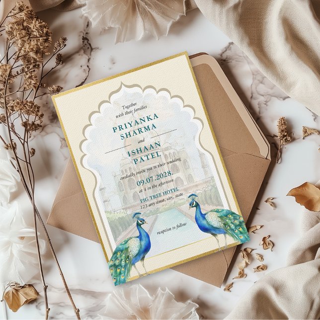 Indian Peacock Gold Taj Mahal Aesthetic Wedding Invitation (Gold Teal Blue Peacock Indian Wedding Arch Traditional Punjabi Hindu Taj Mahal Aesthetic Colorful)