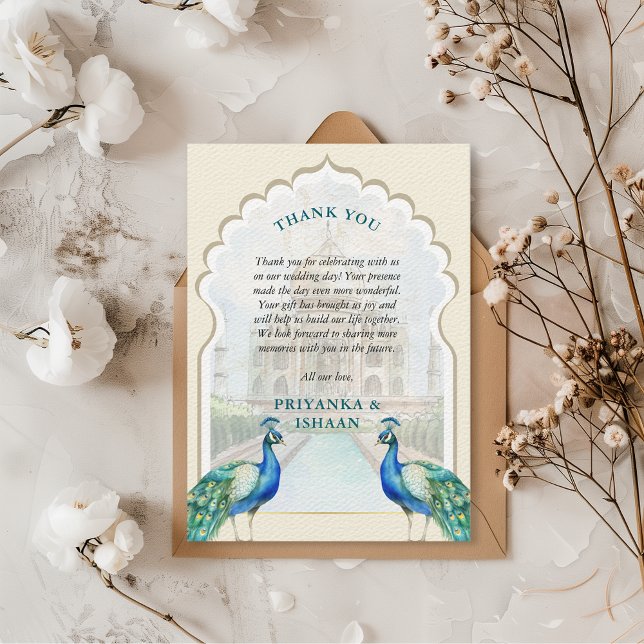 Indian Peacock Gold Taj Mahal Aesthetic Wedding Thank You Card (Indian Wedding Thank You Card Peacocks Taj Mahal Arch Aesthetic Hindu Punjabi)