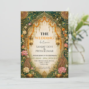 Indian Peacock Paisley Lotus Mandala Dark Green Invitation