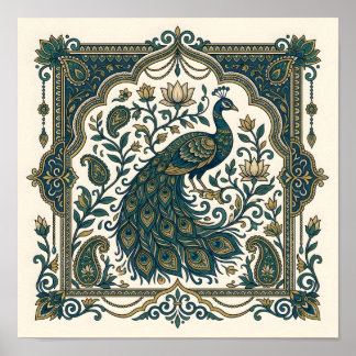 Indian Peacock Paisley Lotus Wall Poster