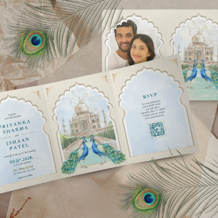 Indian Peacock Taj Mahal Arch QR Wedding Tri-Fold Invitation
