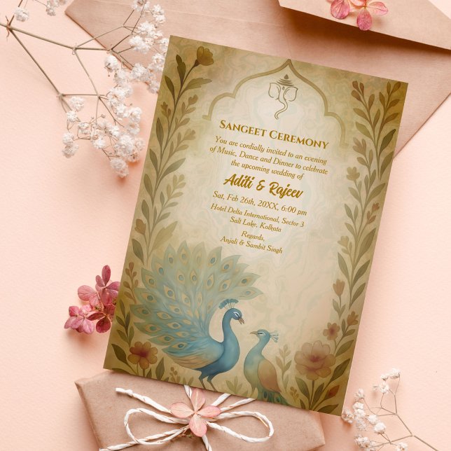 Indian Pre-Wedding Sangeet Ceremony Peacock Floral Invitation (Creator Uploaded)