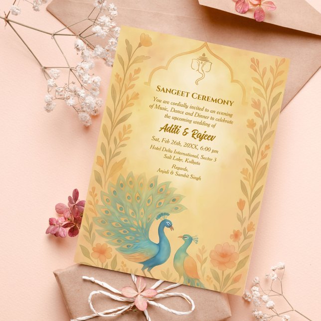 Indian Pre-Wedding Sangeet Ceremony Peacock Floral Invitation (Creator Uploaded)
