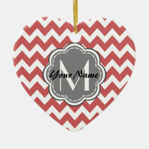 Indian Red Chevron Floral Grey Monogram Ceramic Tree Decoration