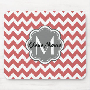 Indian Red Chevron Floral Grey Monogram Mouse Pad