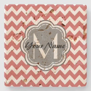 Indian Red Chevron Floral Grey Monogram Stone Coaster