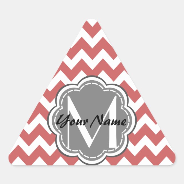 Indian Red Chevron Floral Grey Monogram Triangle Sticker (Front)