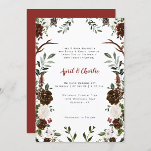 Indian Red Ivory Boho Antlers Floral Frame Invitation