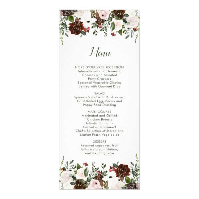 Indian Red Ivory Forest Green Floral Wedding Menu (Front)