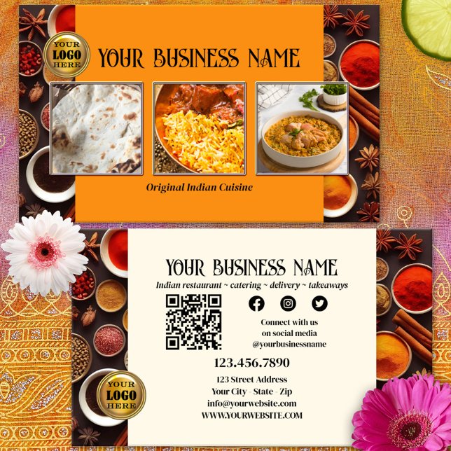 Indian Restaurant QR Code Photo Social Media Business Card (Business card for an Indian restaurant or catering company with photos of your best selling dishes)