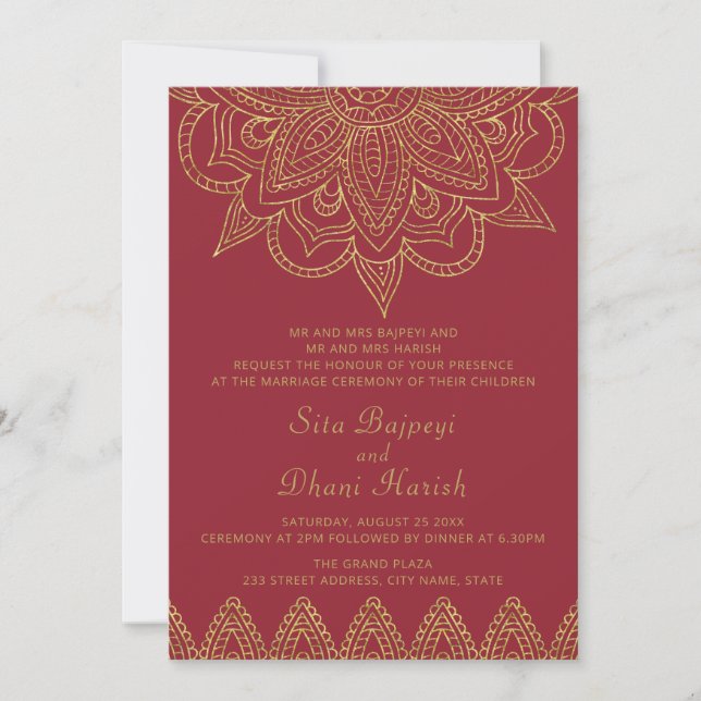 Indian Rich Red Gold Mehndi Hindu Wedding Invitation (Front)