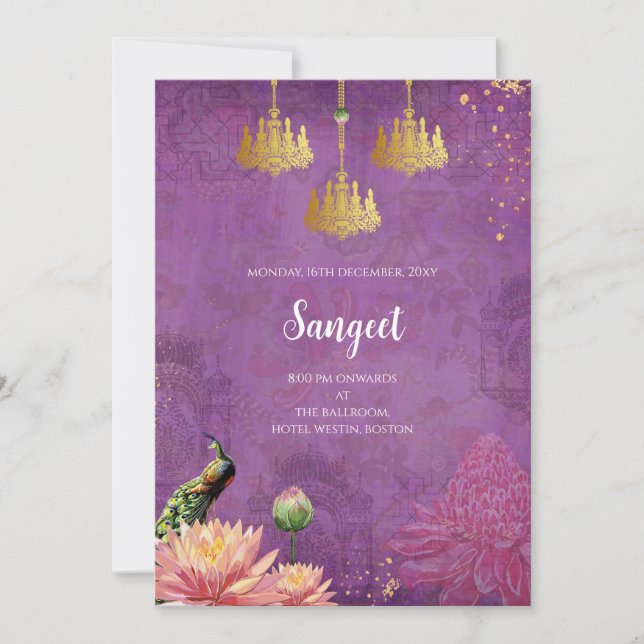 Indian Sangeet invitation & Peacock wedding cards (Front)