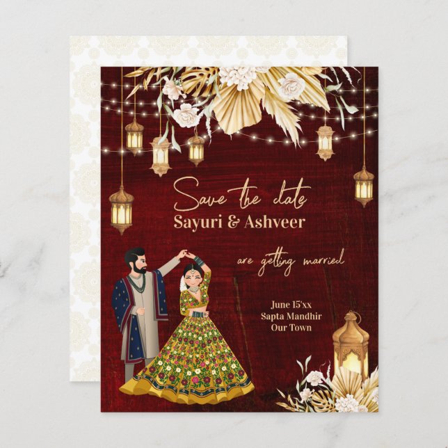 Indian Save the Date maroon gold dancing couple (Front/Back)
