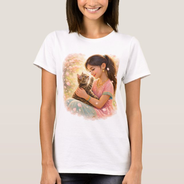 Indian Spring - Girl with Kitten in the Garden T-Shirt (Front)