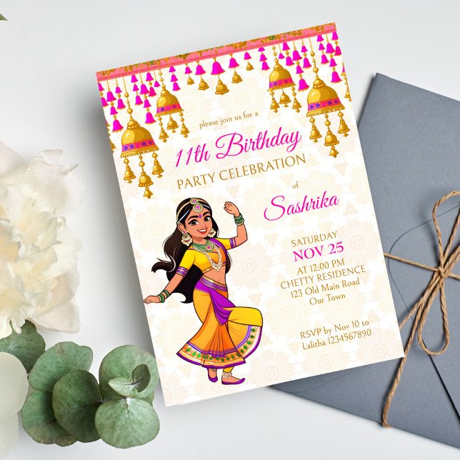 Indian style birthday party cute Indian girl Invitation (Indian style birthday party cute Indian girl template Invitation digital download Bollywood party)