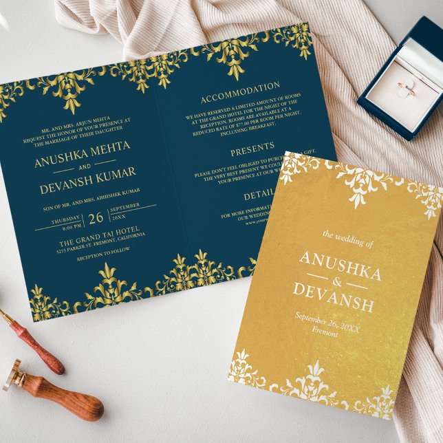Indian Style Blue Gold Damask Wedding Invitation (Creator Uploaded)