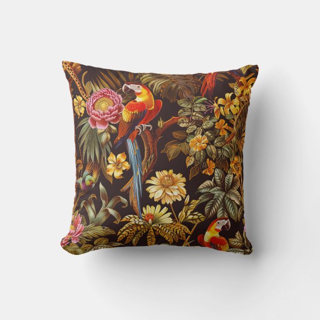 Indian Style Exotic Flower & Parrots Jungle Theme Cushion (Front)