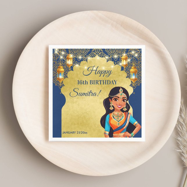 Indian style girls birthday party printed template napkin (Indian style girls birthday party printed template napkins personalized table decor blue and gold)