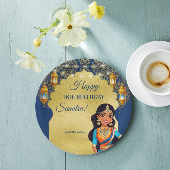 Indian style girls birthday party printed template paper plate (Indian style girls birthday party printed template paper plates personalized table decor blue gold)
