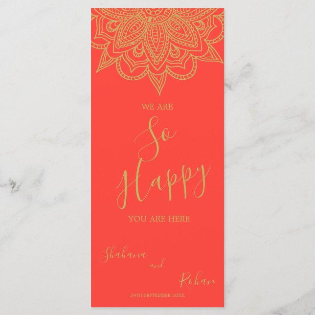 Indian Style Orange Pink Gold Colour Chic Wedding  Menu (Back)