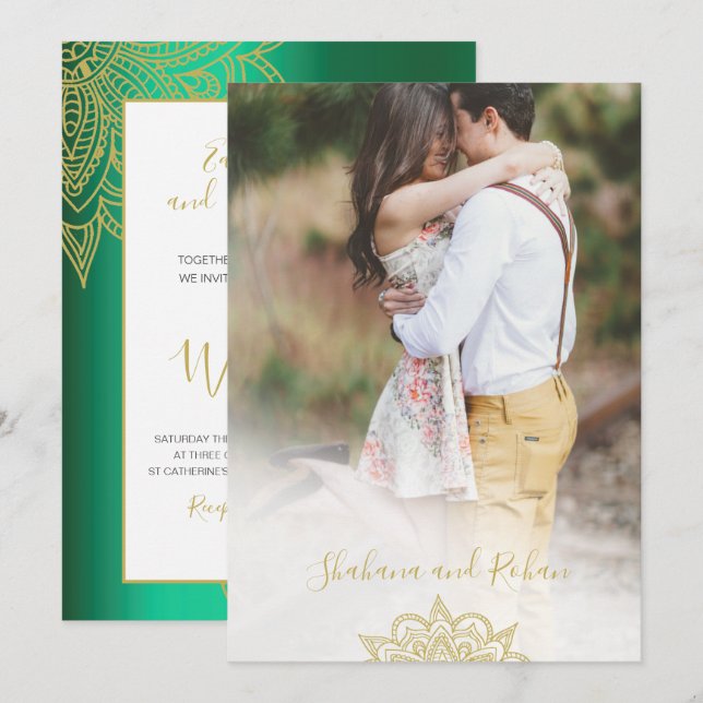 Indian Style Photo Green Gold Modern Chic Wedding Invitation (Front/Back)