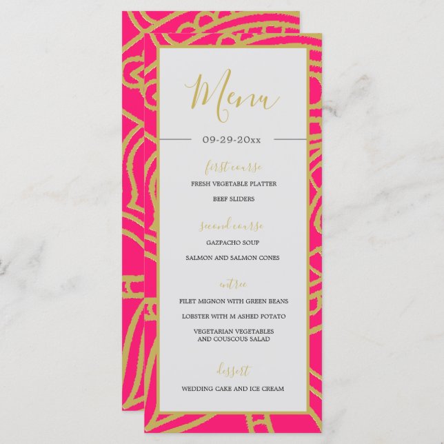 Indian Style Pink  Gold Colour Chic Wedding  Menu (Front/Back)