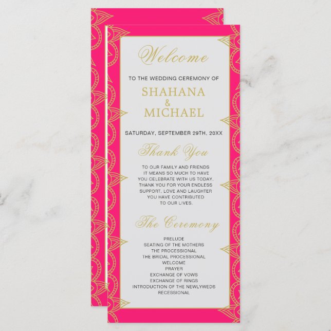 Indian Style Pink Gold Pattern Wedding Program (Front/Back)