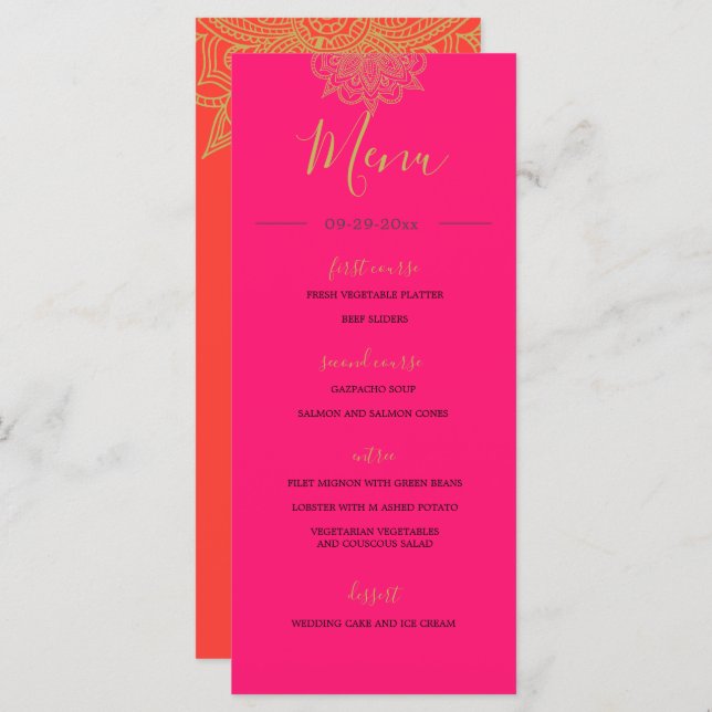 Indian Style Pink Orange Gold Colour Chic Wedding  Menu (Front/Back)
