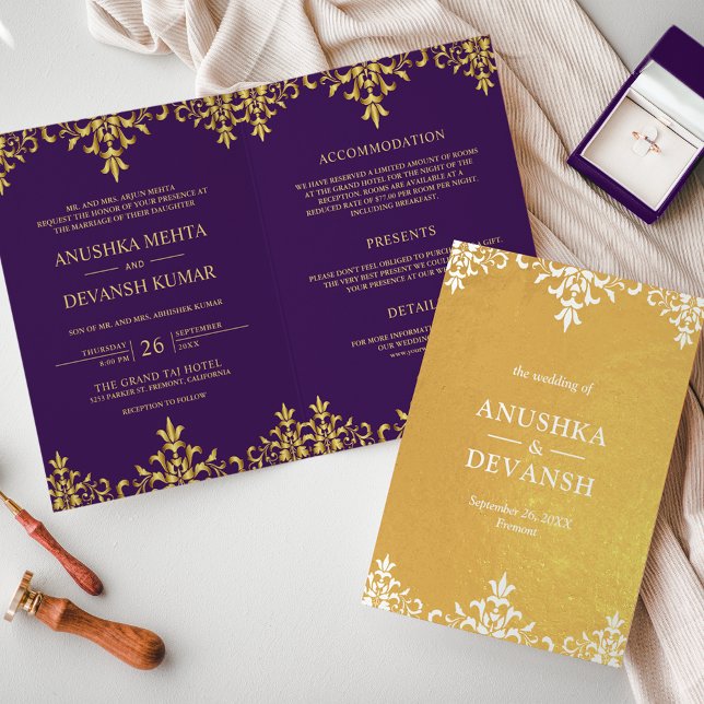 Indian Style Purple Gold Damask Wedding Invitation (Creator Uploaded)