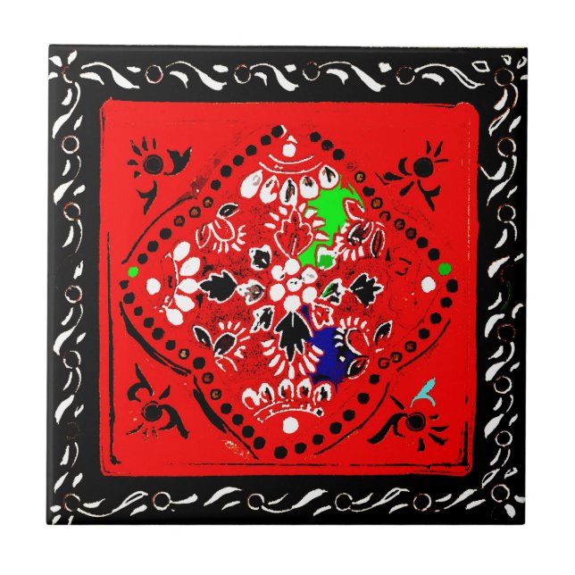 Indian Style Red/Black Floral Tile (Front)