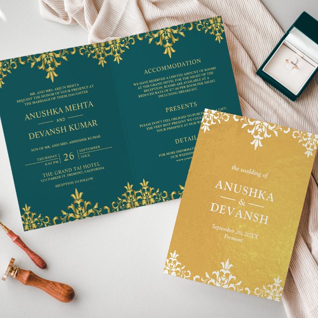 Indian Style Teal Gold Damask Wedding Invitation (Creator Uploaded)