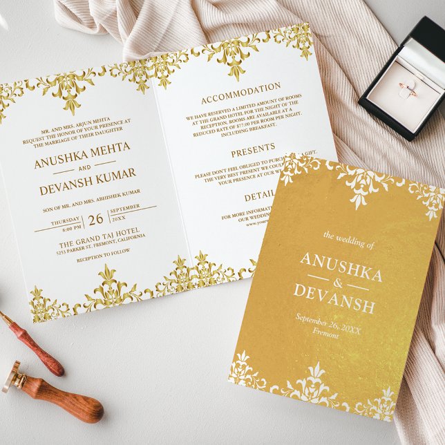 Indian Style White Gold Damask Wedding Invitation (Creator Uploaded)