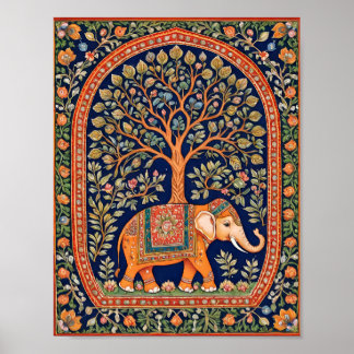 Indian tapestry of holy tree and holy elephant poster